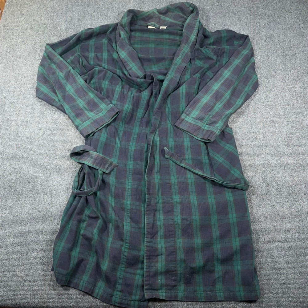 LL Bean Scotch Plaid Lounge Robe Mens Large Regular Cotton Belted Pockets Green